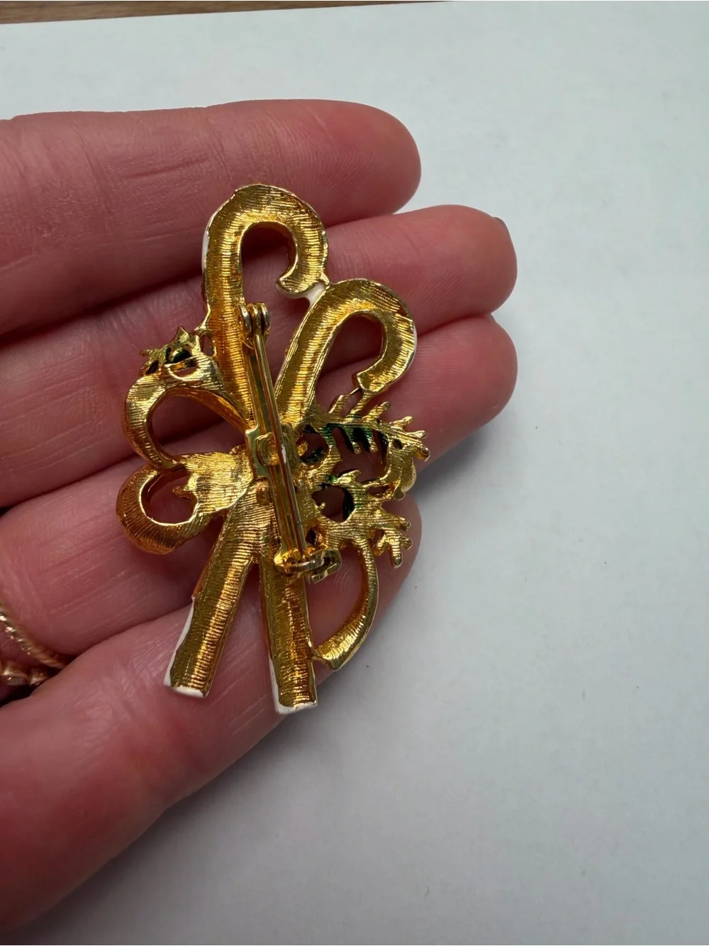 Vintage Festive Candy Cane Brooch with Red Crystals and Gold Accents